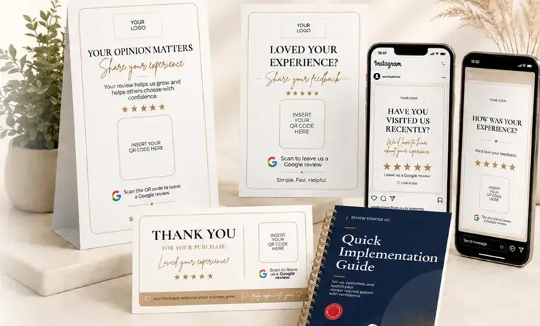 Review Starter Kit digital toolkit with editable review request templates, customer messages and implementation guide